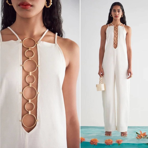 cult gaia Dresses & Skirts - NWT Cult Gaia Raye Jumpsuit,  Off White Linen & Brass , Sz 6